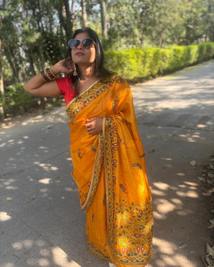 Mustard Yellow Pure Kosa Silk Saree With Machine Embroidered Border (Silk Mark Certified) - Kanishk Silk