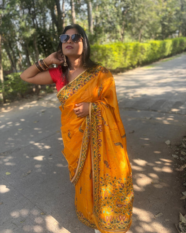 Mustard Yellow Pure Kosa Silk Saree With Machine Embroidered Border (Silk Mark Certified) - Kanishk Silk