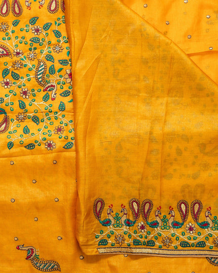 Mustard Yellow Pure Kosa Silk Saree With Machine Embroidered Border (Silk Mark Certified) - Kanishk Silk
