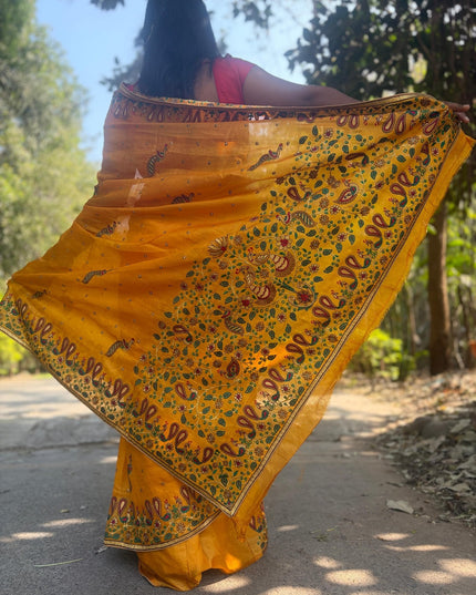 Mustard Yellow Pure Kosa Silk Saree With Machine Embroidered Border (Silk Mark Certified) - Kanishk Silk