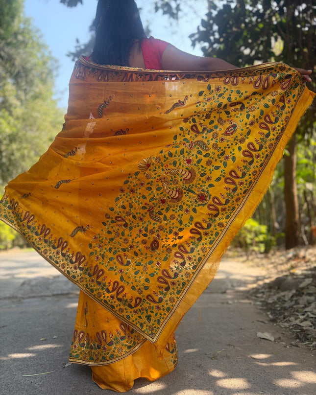 Mustard Yellow Pure Kosa Silk Saree With Machine Embroidered Border (Silk Mark Certified) - Kanishk Silk