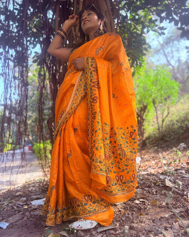 Mustard Yellow Pure Kosa Silk Saree With Machine Embroidered Border (Silk Mark Certified) - Kanishk Silk