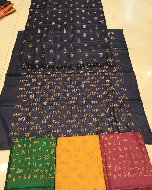 Navy Blue Pure Kosa Silk Kurti & Dupatta Set With Tribal Embroidery - Kanishk Silk