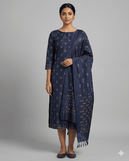 Navy Blue Pure Kosa Silk Kurti & Dupatta Set With Tribal Embroidery - Kanishk Silk