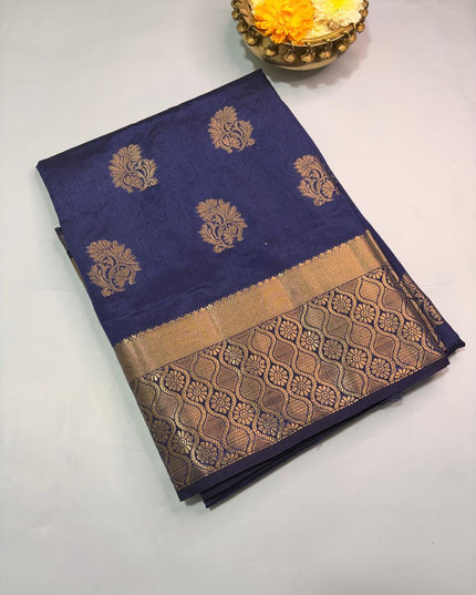 Navy Blue Silk Blend Saree with Gold Zari Motifs with Blouse - Kanishk Silk