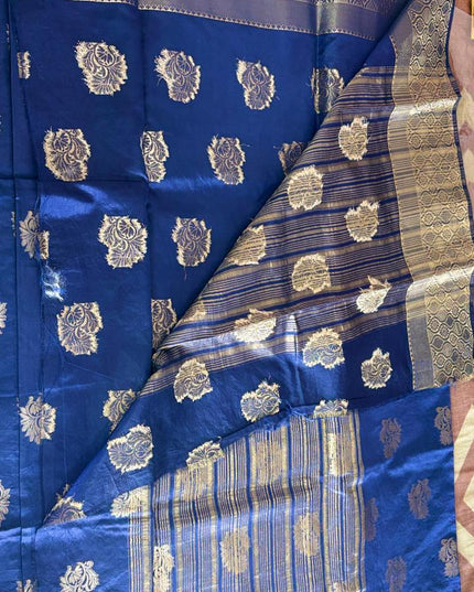 Navy Blue Silk Blend Saree with Gold Zari Motifs with Blouse - Kanishk Silk