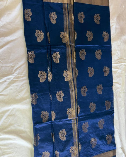 Navy Blue Silk Blend Saree with Gold Zari Motifs with Blouse - Kanishk Silk