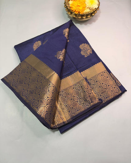 Navy Blue Silk Blend Saree with Gold Zari Motifs with Blouse - Kanishk Silk