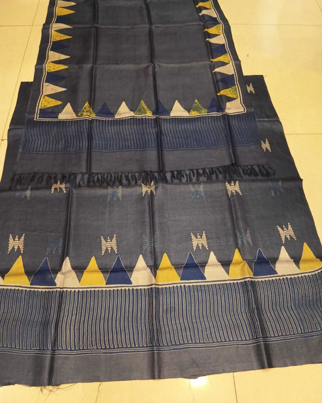 Navy Pure Kosa Silk Kurti & Dupatta Set With Geometric Border Design - Kanishk Silk