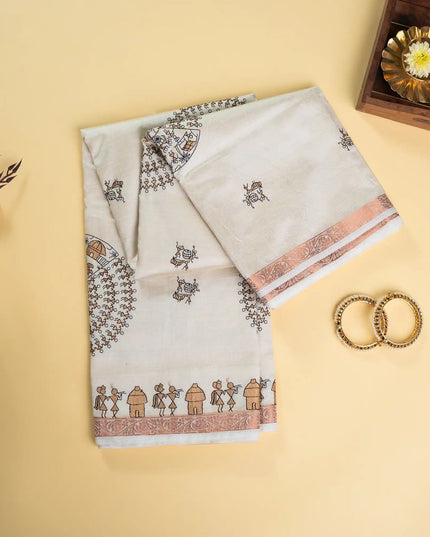 Off White Kosa Silk Blend Saree With Tribal Art Border - Kanishk Silk