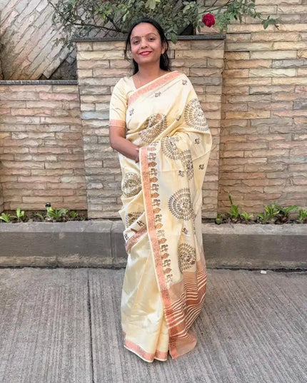 Off White Kosa Silk Blend Saree With Tribal Art Border - Kanishk Silk