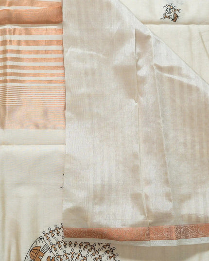 Off White Kosa Silk Blend Saree With Tribal Art Border - Kanishk Silk