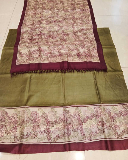 Olive Pure Kosa Silk Kurti & Dupatta Set With Floral Print - Kanishk Silk