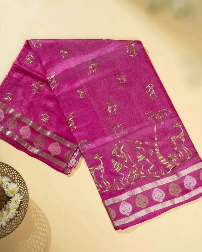 Pink Kosa Silk Saree With Tribal Art Pallu And Zari Border (Silk Mark Certified) - Kanishk Silk