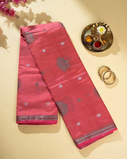 Pink Mix Kosa Silk Saree with Silver Motif Weave with Blouse - Kanishk Silk