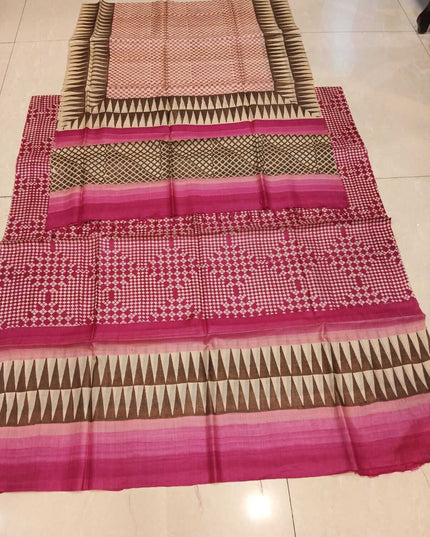 Pink Pure Kosa Silk Kurti & Dupatta Set With Geometric Print - Kanishk Silk