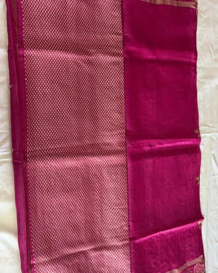 Pink Pure Kosa Silk Saree with Tribal Art Pallu & Zari Border with Blouse (Silk Mark Certified) - Kanishk Silk