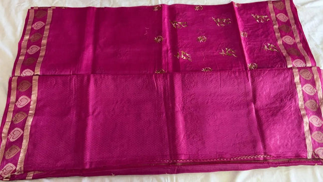 Pink Pure Kosa Silk Saree with Tribal Art Pallu & Zari Border with Blouse (Silk Mark Certified) - Kanishk Silk