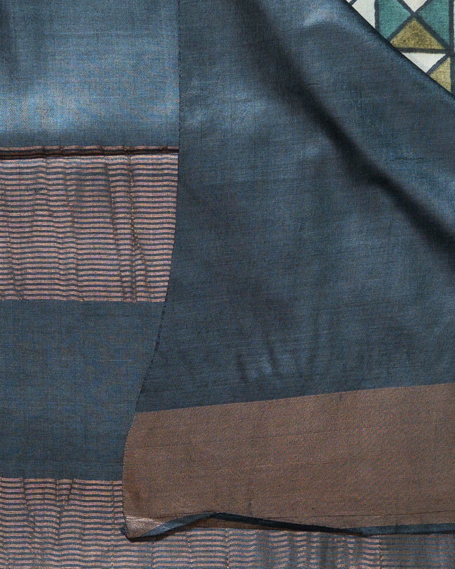 Pure Kosa Block Printed & Tussar Zari border Saree with Blouse (Silk Mark certified) - Kanishk Silk