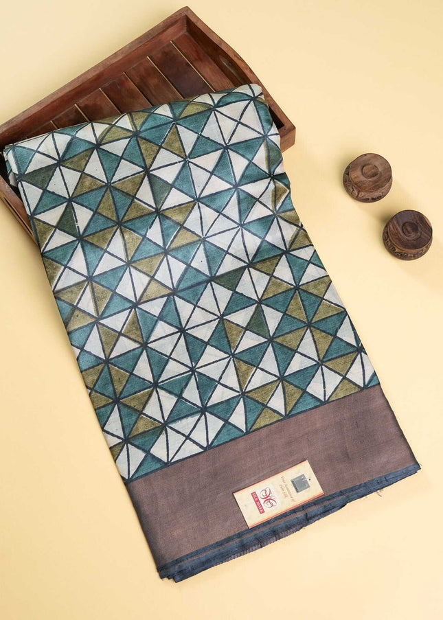 Pure Kosa Block Printed & Tussar Zari border Saree with Blouse (Silk Mark certified) - Kanishk Silk