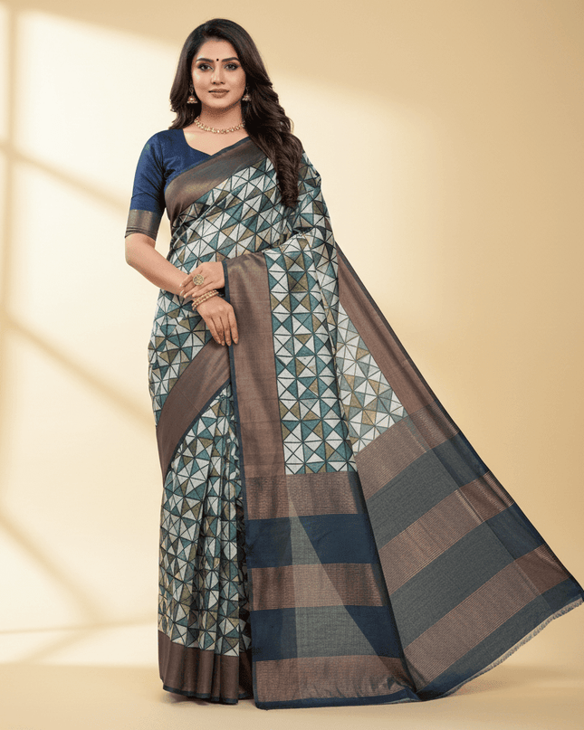 Pure Kosa Block Printed & Tussar Zari border Saree with Blouse (Silk Mark certified) - Kanishk Silk