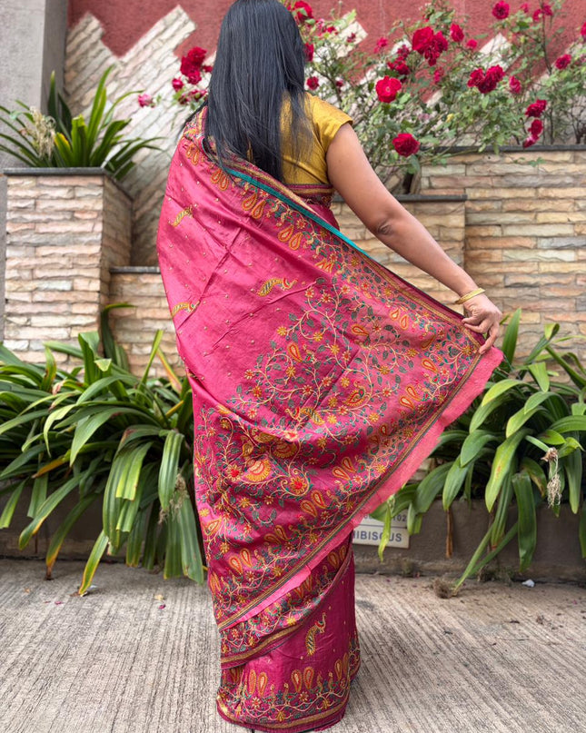Pure Kosa Silk Saree with All Over Machine Embroidery (Silk Mark Certified) - Kanishk Silk
