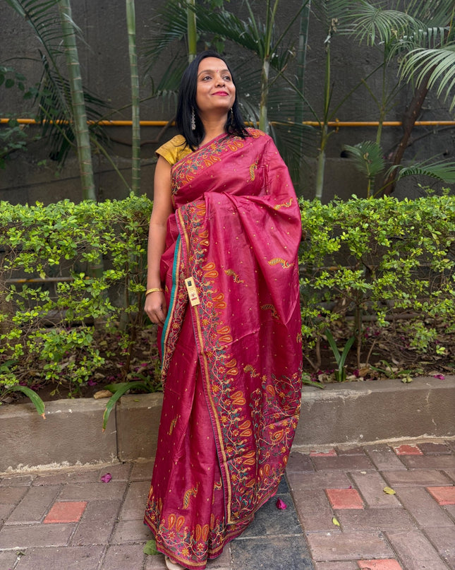 Pure Kosa Silk Saree with All Over Machine Embroidery (Silk Mark Certified) - Kanishk Silk