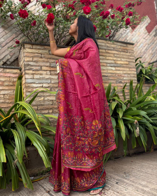 Pure Kosa Silk Saree with All Over Machine Embroidery (Silk Mark Certified) - Kanishk Silk