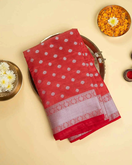 Red Kosa Silk Saree With Silver Zari Buti And Silver Border - Kanishk Silk