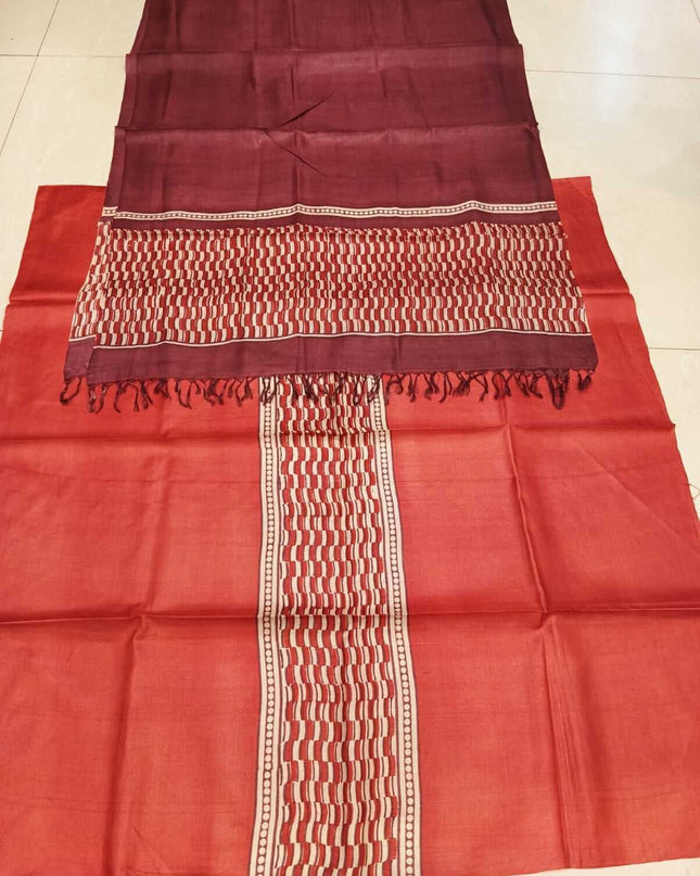 Red Pure Kosa Silk Kurti & Dupatta Set With Patterned Panel Design - Kanishk Silk