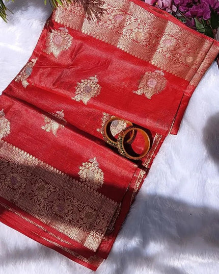 Red Pure Kosa Silk Saree with Golden Zari Weaving with blouse (Silk Mark certified) - Kanishk Silk