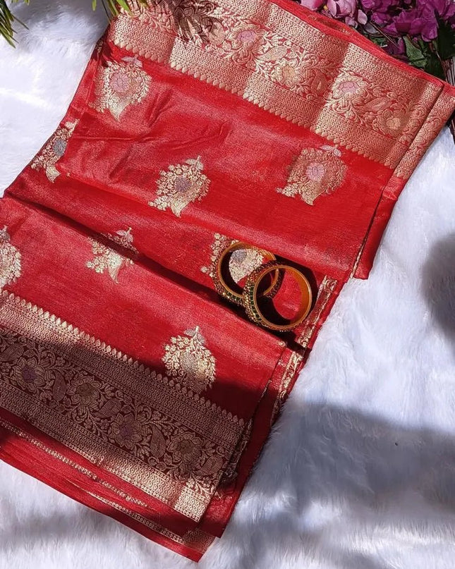 Red Pure Kosa Silk Saree with Golden Zari Weaving with blouse (Silk Mark certified) - Kanishk Silk