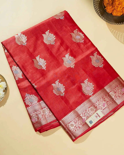 Red Pure Kosa Silk Saree with Golden Zari Weaving with blouse (Silk Mark certified) - Kanishk Silk