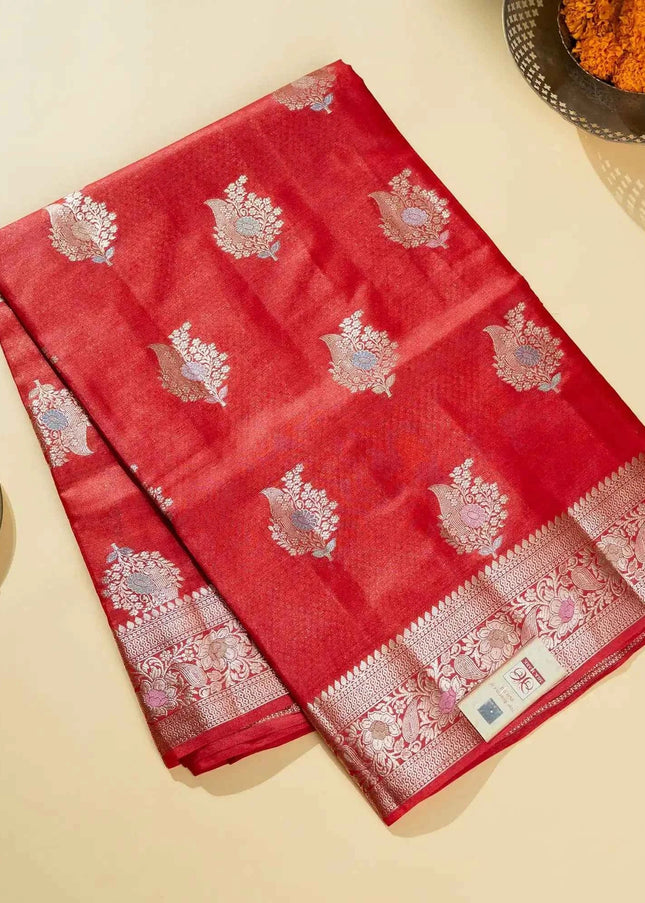 Red Pure Kosa Silk Saree with Golden Zari Weaving with blouse (Silk Mark certified) - Kanishk Silk