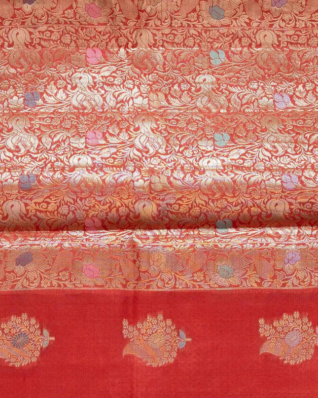 Red Pure Kosa Silk Saree with Golden Zari Weaving with blouse (Silk Mark certified) - Kanishk Silk