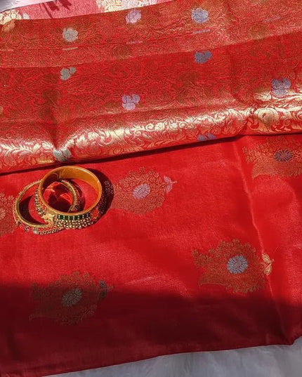 Red Pure Kosa Silk Saree with Golden Zari Weaving with blouse (Silk Mark certified) - Kanishk Silk