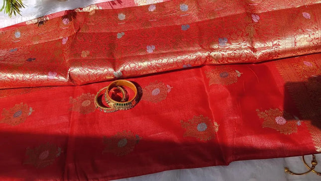 Red Pure Kosa Silk Saree with Golden Zari Weaving with blouse (Silk Mark certified) - Kanishk Silk