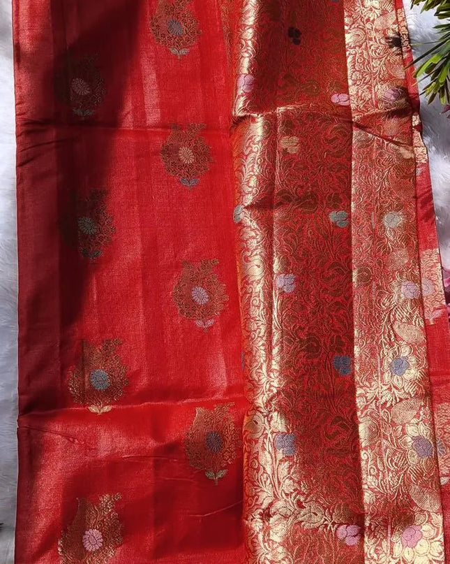 Red Pure Kosa Silk Saree with Golden Zari Weaving with blouse (Silk Mark certified) - Kanishk Silk