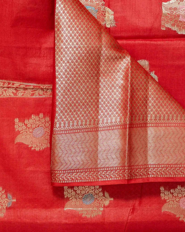 Red Pure Kosa Silk Saree with Golden Zari Weaving with blouse (Silk Mark certified) - Kanishk Silk