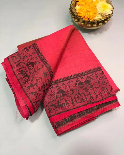 Red Warli Art Mix Kosa Silk Saree - Kanishk Silk