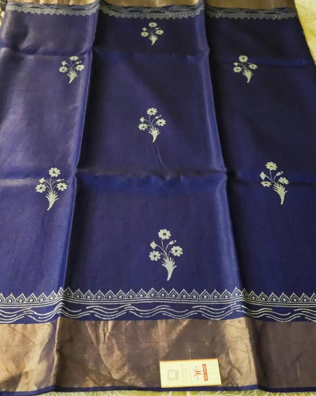 Royal Blue Pure Kosa Silk Block Printed Saree with blouse (Silk Mark certified) - Kanishk Silk