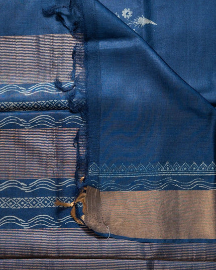 Royal Blue Pure Kosa Silk Block Printed Saree with blouse (Silk Mark certified) - Kanishk Silk