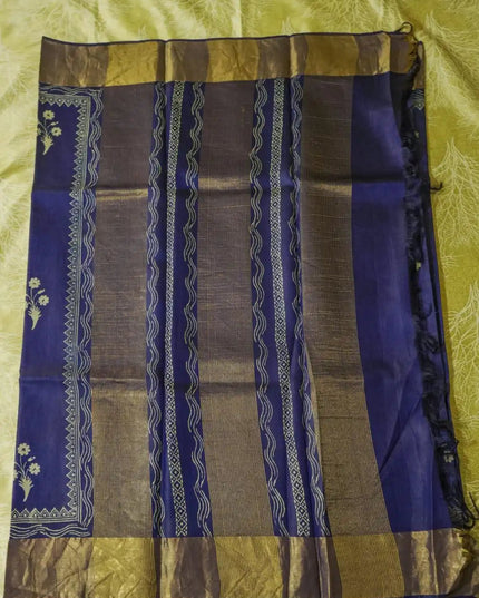 Royal Blue Pure Kosa Silk Block Printed Saree with blouse (Silk Mark certified) - Kanishk Silk