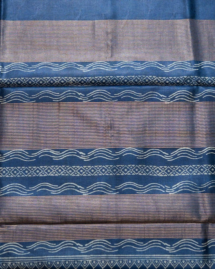 Royal Blue Pure Kosa Silk Block Printed Saree with blouse (Silk Mark certified) - Kanishk Silk