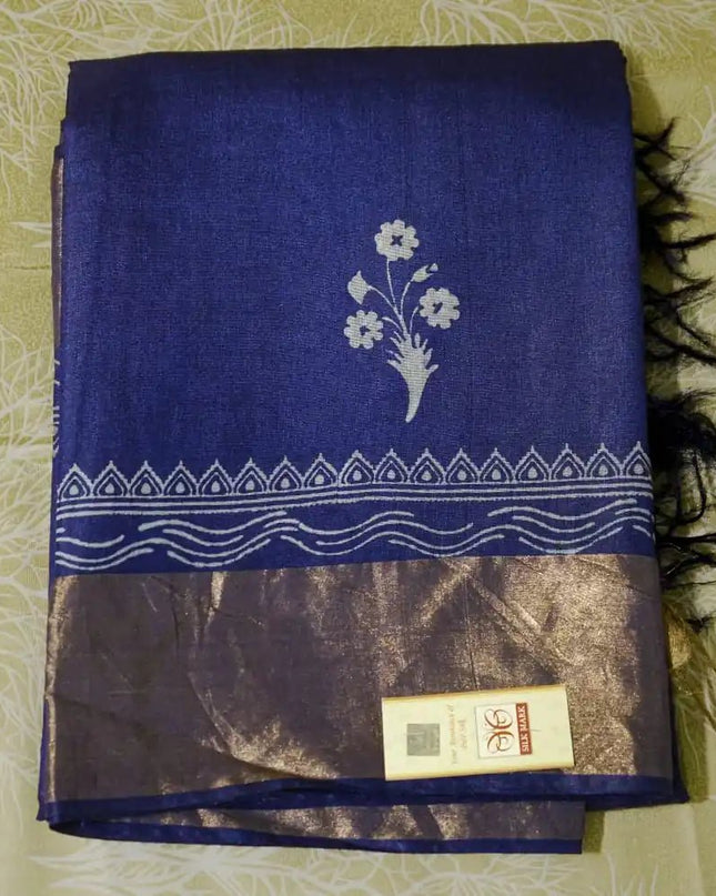 Royal Blue Pure Kosa Silk Block Printed Saree with blouse (Silk Mark certified) - Kanishk Silk