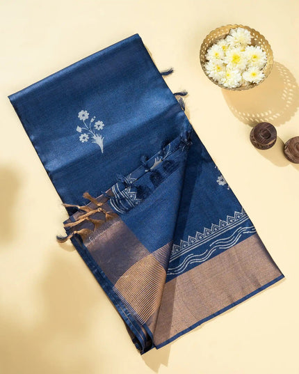 Royal Blue Pure Kosa Silk Block Printed Saree with blouse (Silk Mark certified) - Kanishk Silk