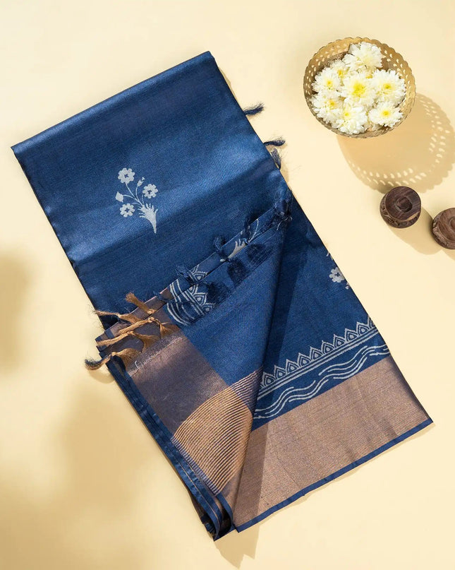 Royal Blue Pure Kosa Silk Block Printed Saree with blouse (Silk Mark certified) - Kanishk Silk