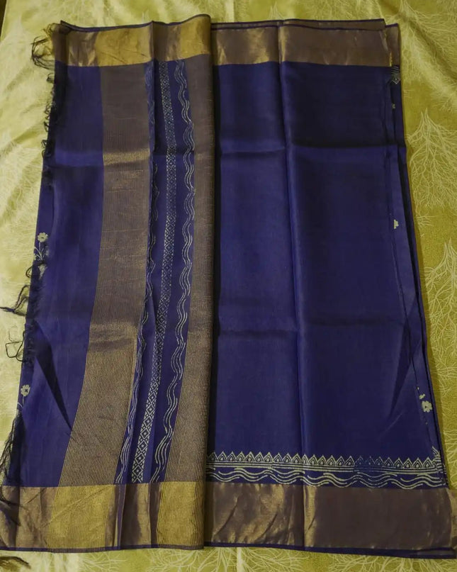 Royal Blue Pure Kosa Silk Block Printed Saree with blouse (Silk Mark certified) - Kanishk Silk