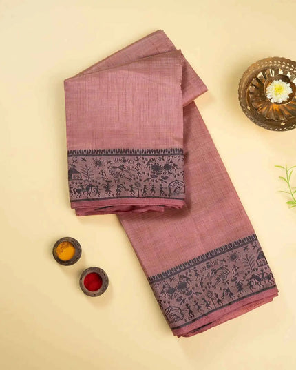 Rust Brown Mix Kosa Silk Saree & Black Warli Art Border with blouse - Kanishk Silk
