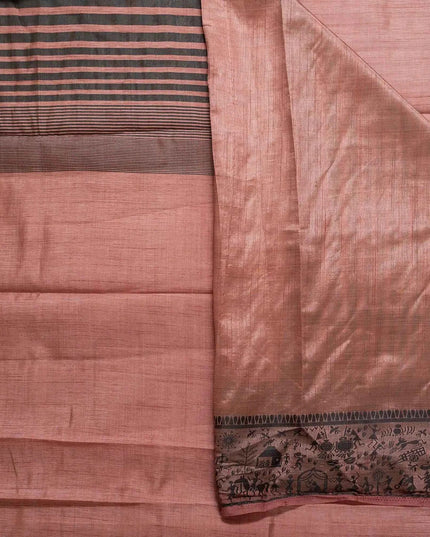 Rust Brown Mix Kosa Silk Saree & Black Warli Art Border with blouse - Kanishk Silk